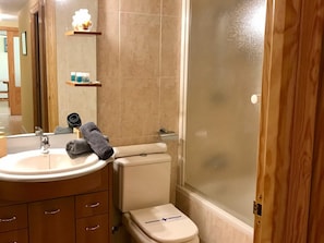 A bathroom with a sink, mirror, toilet, and a shower area.