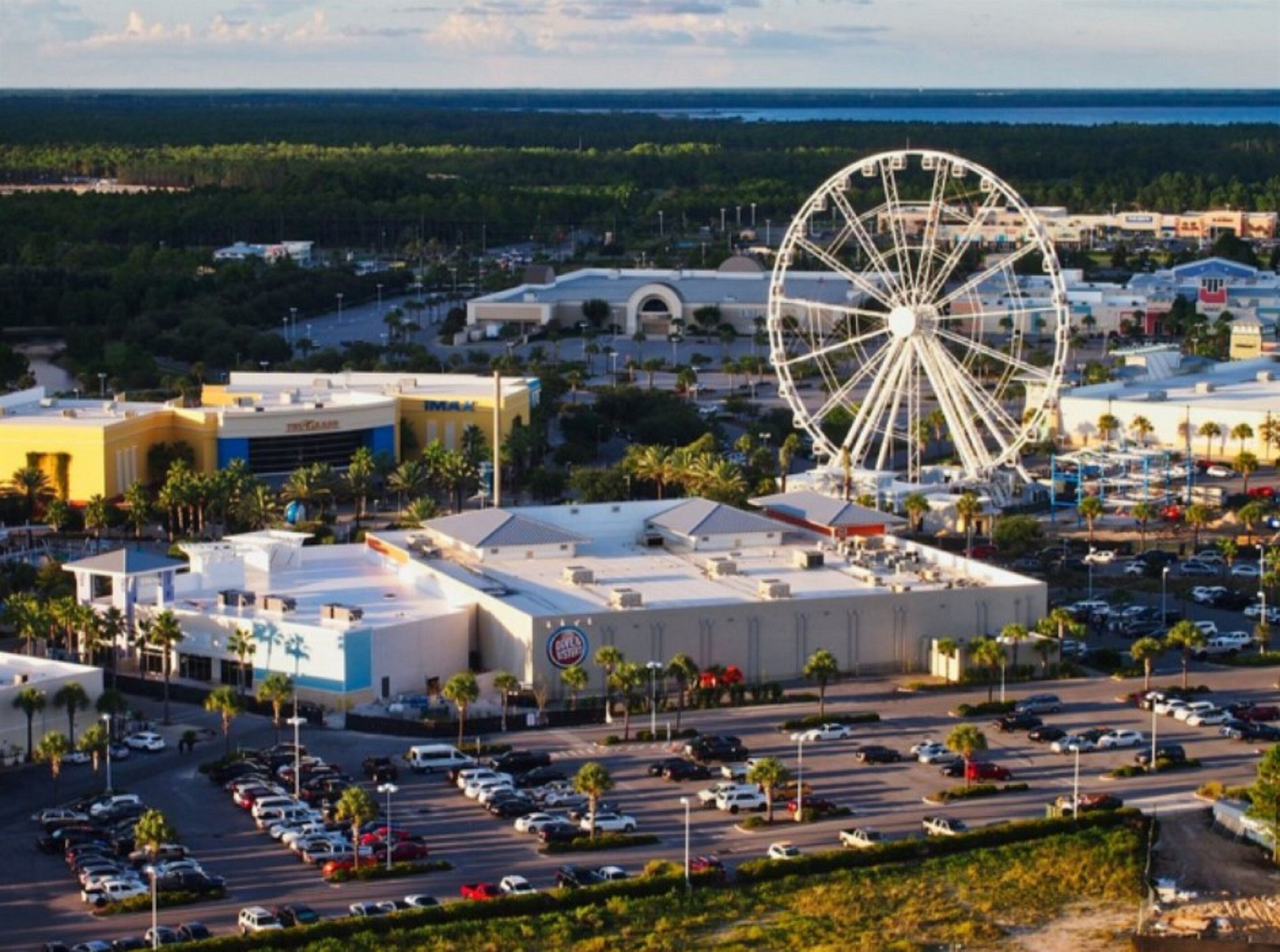A large Ferris wheel in an urban setting with a parking lot and buildings in the foreground.