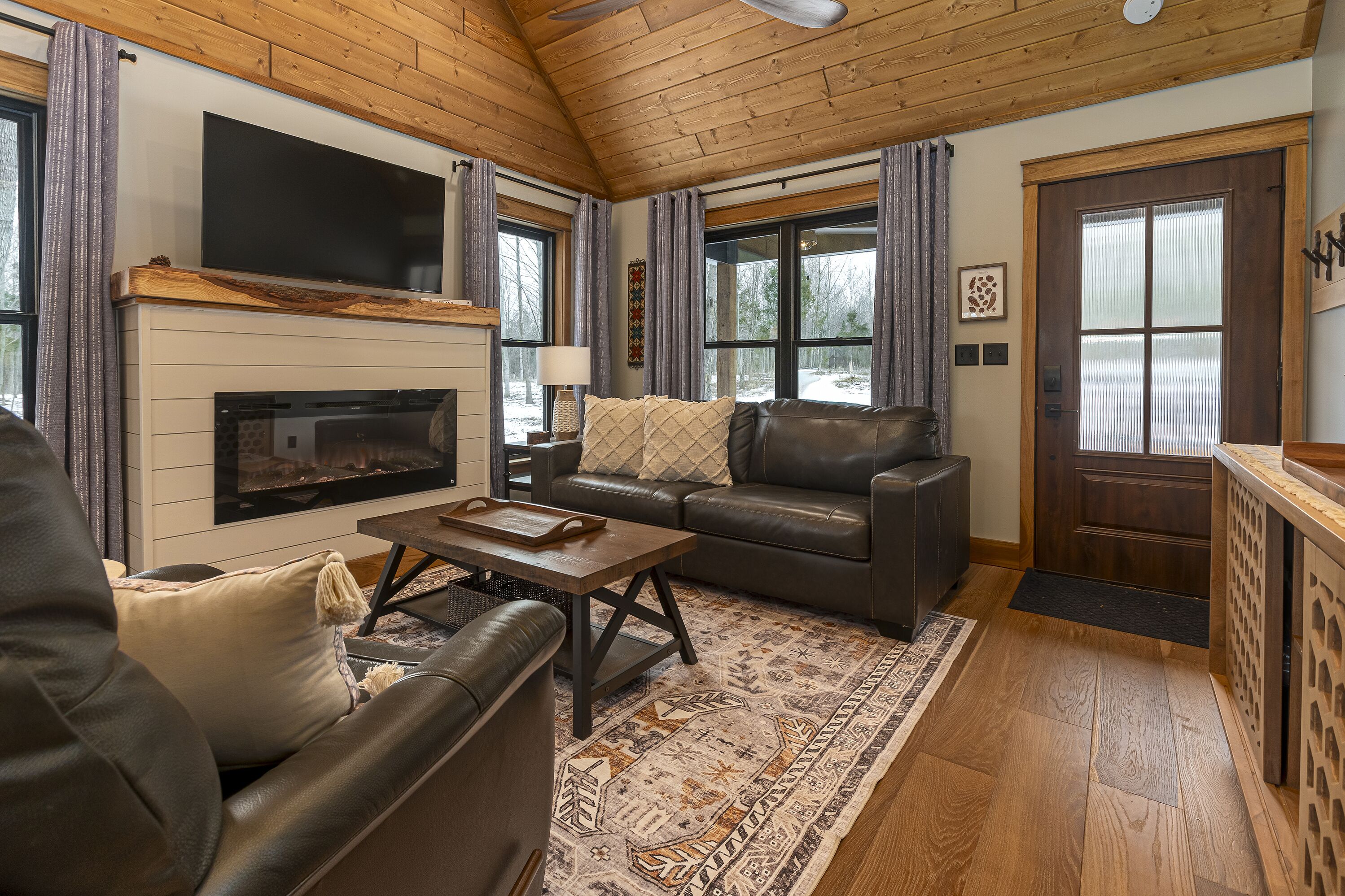 Smart TV, chimenea y libros 