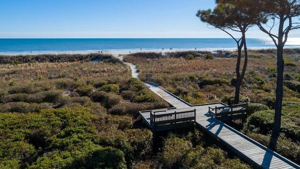 A wooden boardwalk leading to a beach with a clear view of the ocean. - 50 Ocean Club-"Ocean Watch" Prime Beachfront Condo (Hilton Head Island)