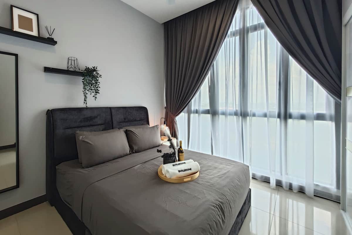 2 bedrooms, desk, laptop workspace, iron/ironing board