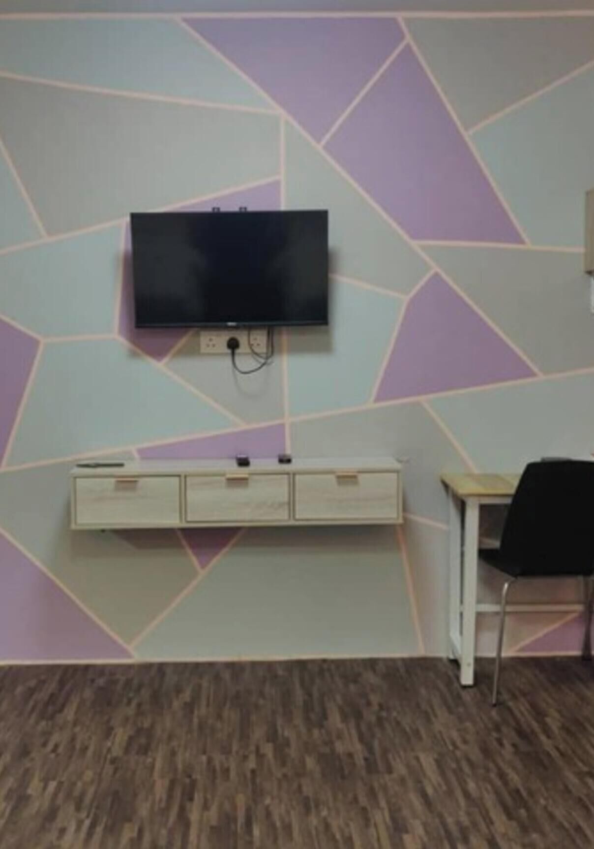 Desk, laptop workspace, blackout drapes, iron/ironing board