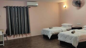 Desk, laptop workspace, blackout drapes, iron/ironing board