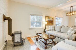 TV, fireplace, books