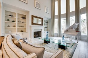 Fireplace - Sprawling Suwanee Home: Theater, Pool, Hot Tub! (Suwanee)