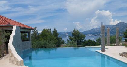 Modern stone villa with infinity pool.