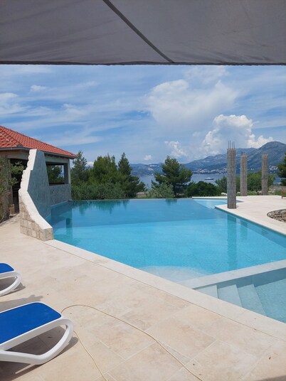 Modern stone villa with infinity pool.