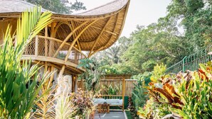 Una estructura de bambú con techo curvo, rodeada de exuberante vegetación tropical y un sendero que conduce a un área de descanso.