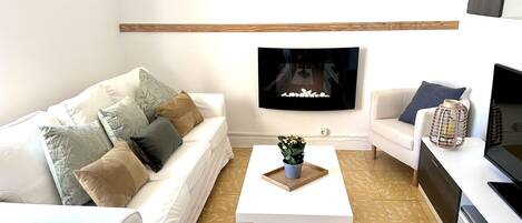 Flat-screen TV, books