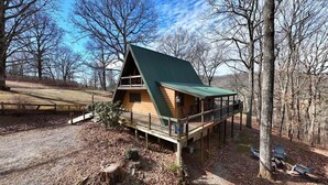 Une cabane dotée d’un toit végétalisé, d’une terrasse en bois et offrant une vue sur la forêt environnante.