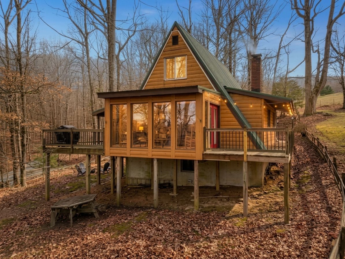 A wooden cabin with a balcony, large windows, and a chimney.