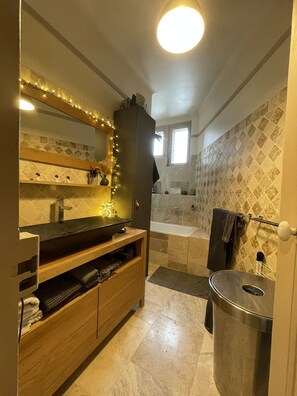 Hair dryer, towels, soap, toilet paper