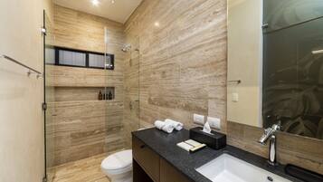 Shower, free toiletries, hair dryer, bathrobes
