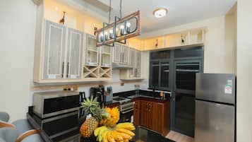Fridge, microwave, oven, electric kettle