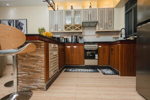 Fridge, microwave, oven, electric kettle