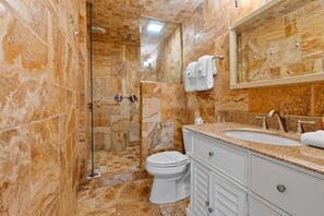 Douche, baignoire à jets, sèche-cheveux, serviettes fournies