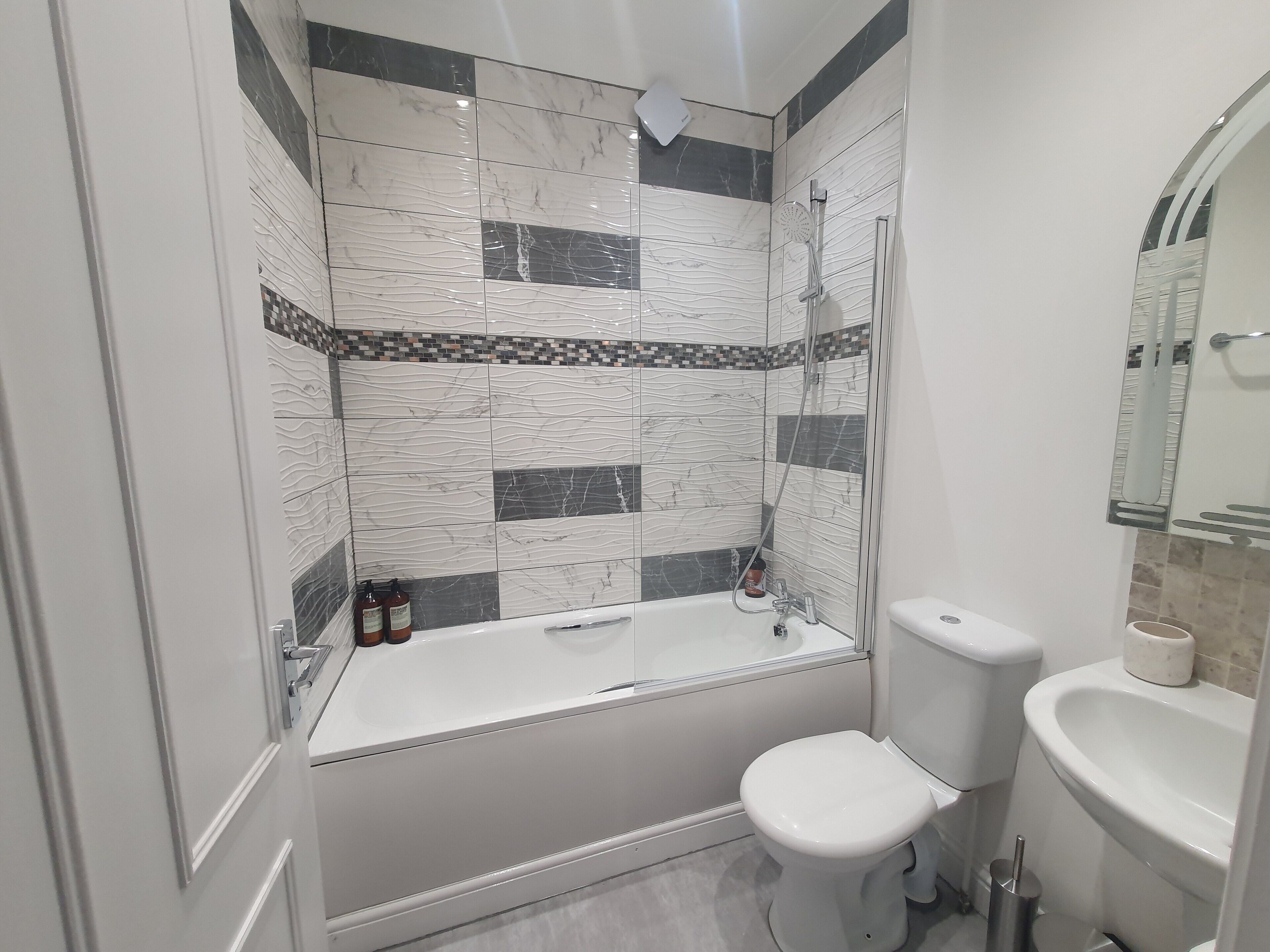 Hair dryer, towels, soap, shampoo