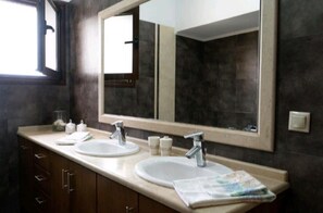 Hair dryer, towels, soap, toilet paper