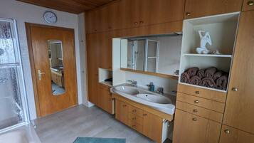 Hair dryer, towels, soap, toilet paper