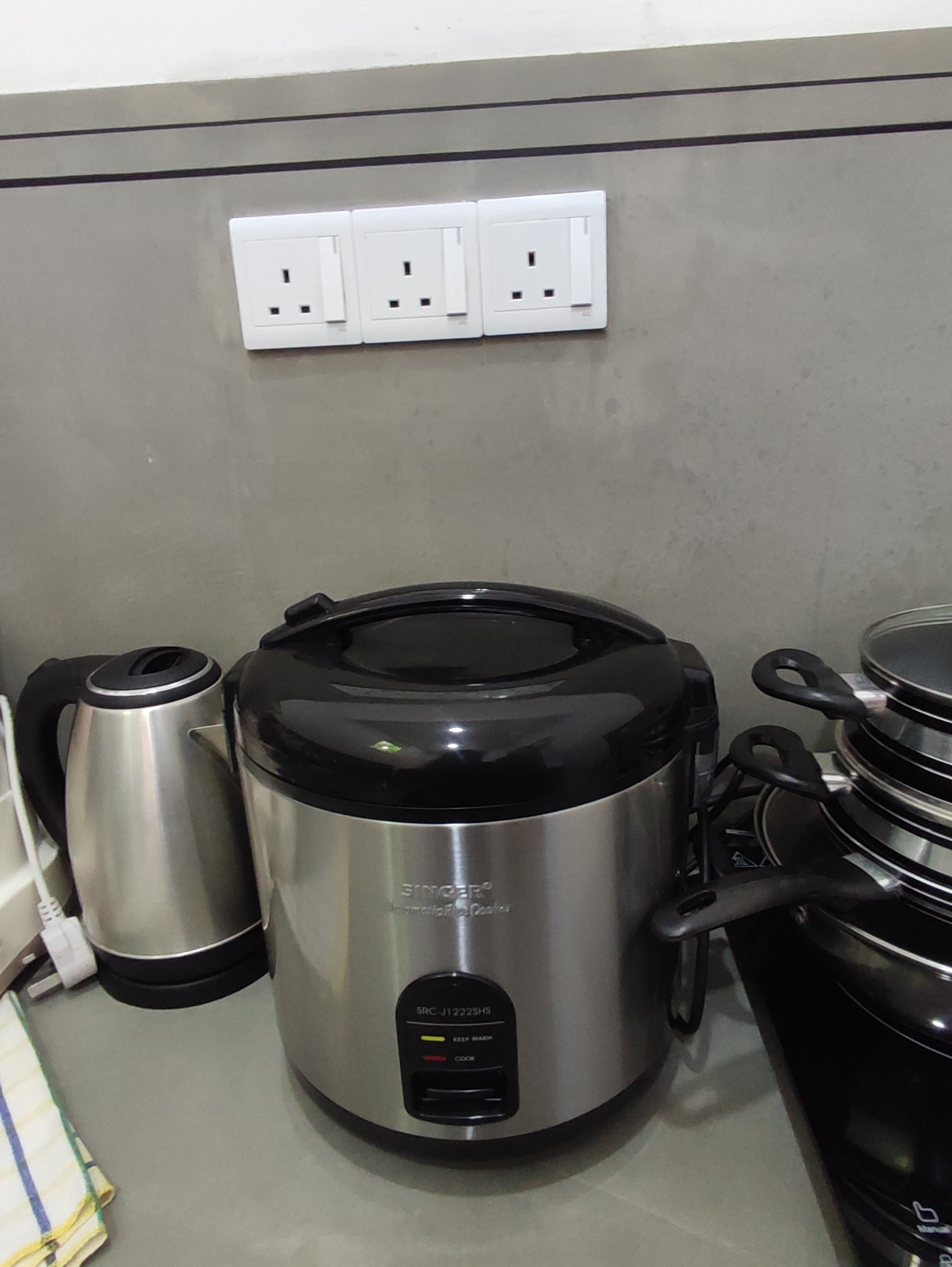 A stainless steel electric rice cooker with a black lid, a kettle, and a pot on a kitchen counter.