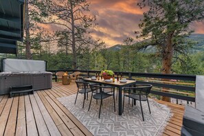 Outdoor dining - Elegant A-Frame w/ Hot Tub Views! Close to town, skiing, & hiking! (Evergreen)