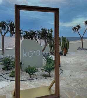 Een bord in lijst met de tekst 'kora' in een woestijnachtige omgeving met cactussen en palmbomen.
