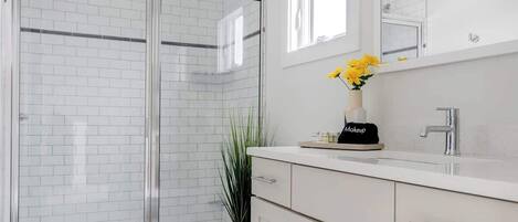 A modern bathroom with a glass shower enclosure, a white toilet, a vanity with a mirror, and a small plant.