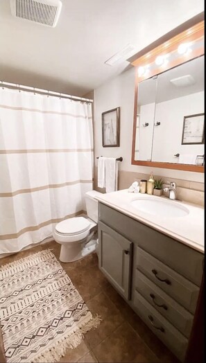 Hair dryer, towels, soap, shampoo