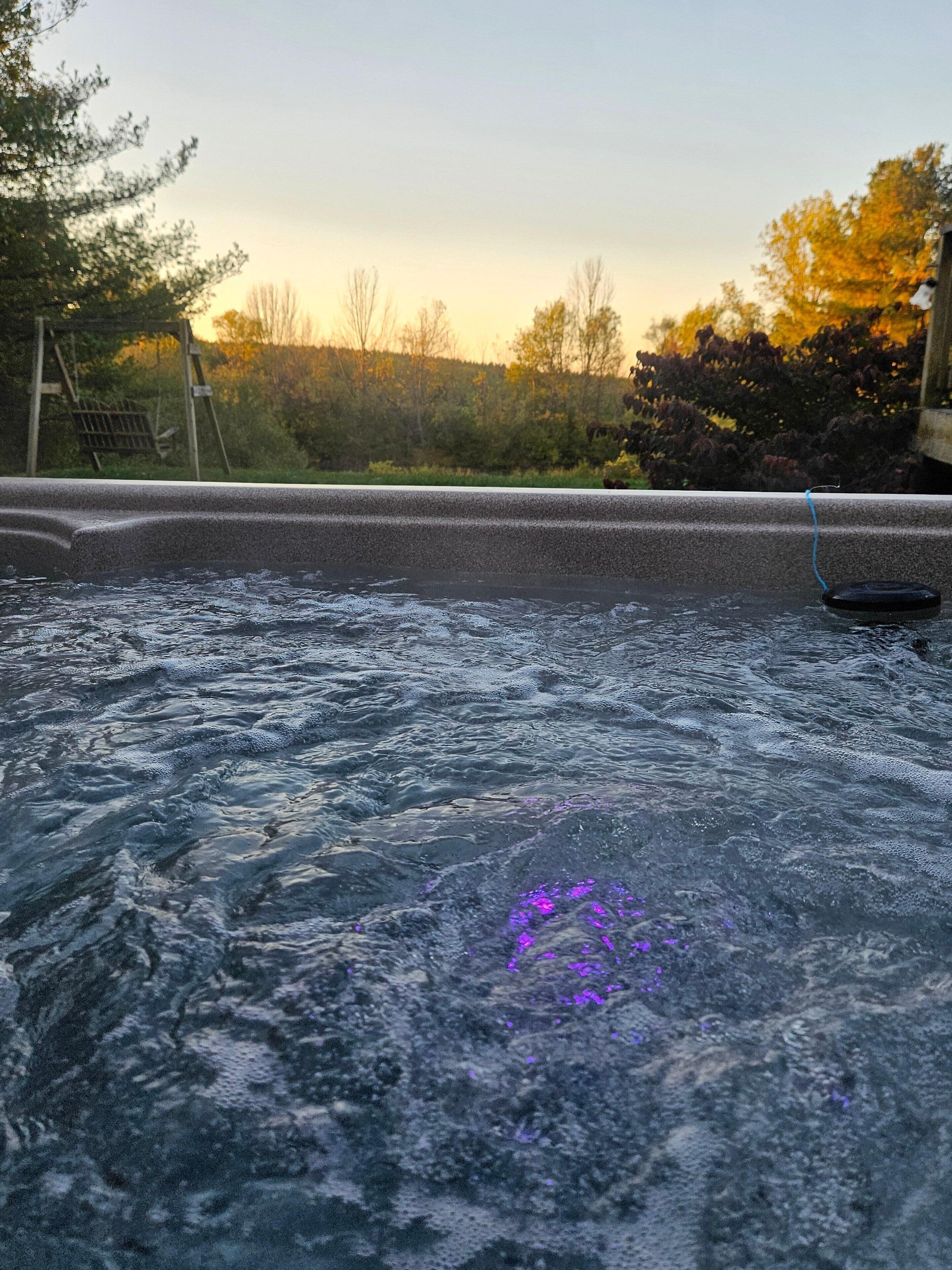 A hot tub with a view of trees and a wooden structure in the background.