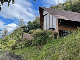 A rustic wooden building with a sloped roof, surrounded by dense greenery and a clear sky.