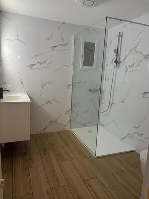 Douche, sèche-cheveux, serviettes fournies, papier toilette
