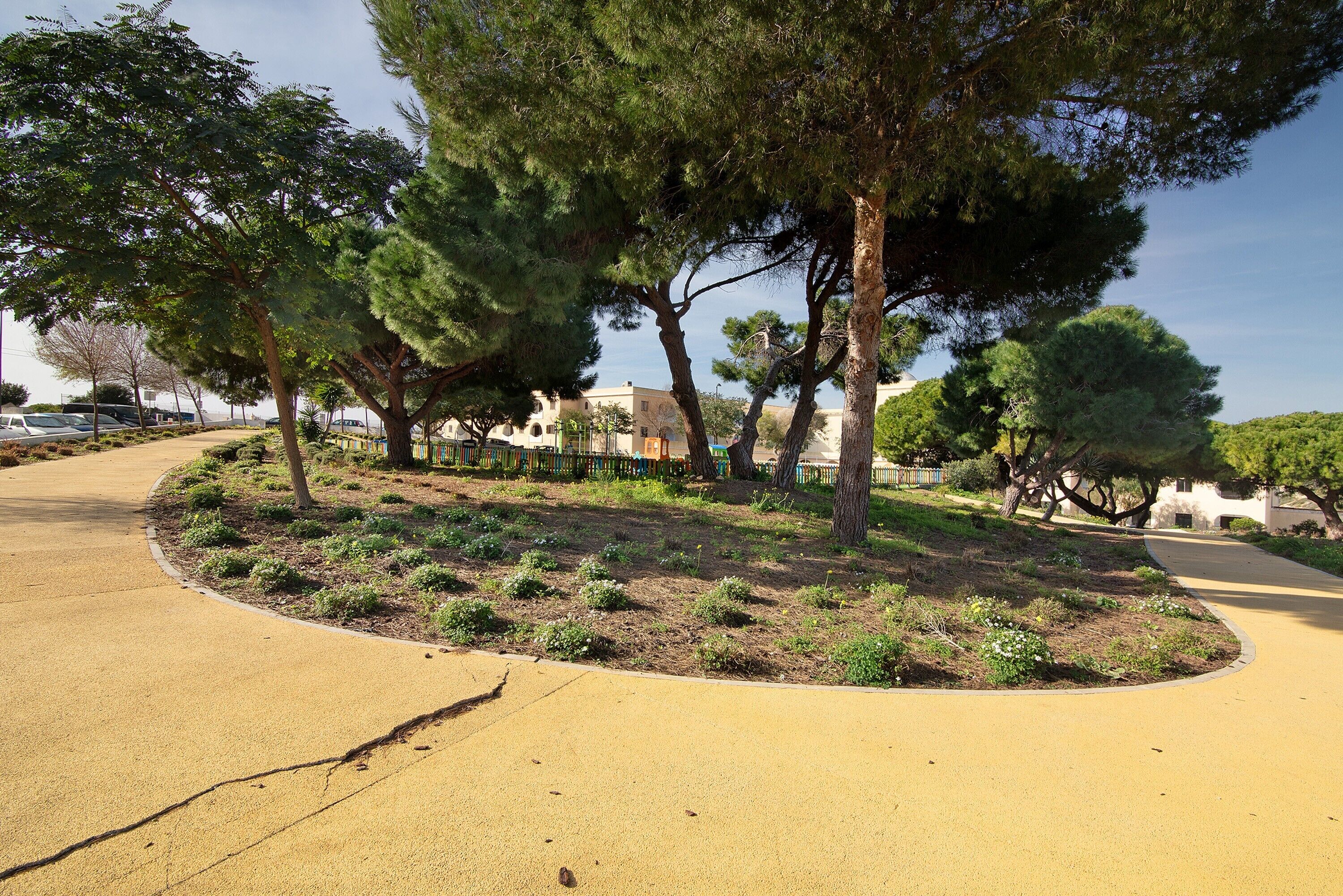 A paved walkway with trees and a building in the background.