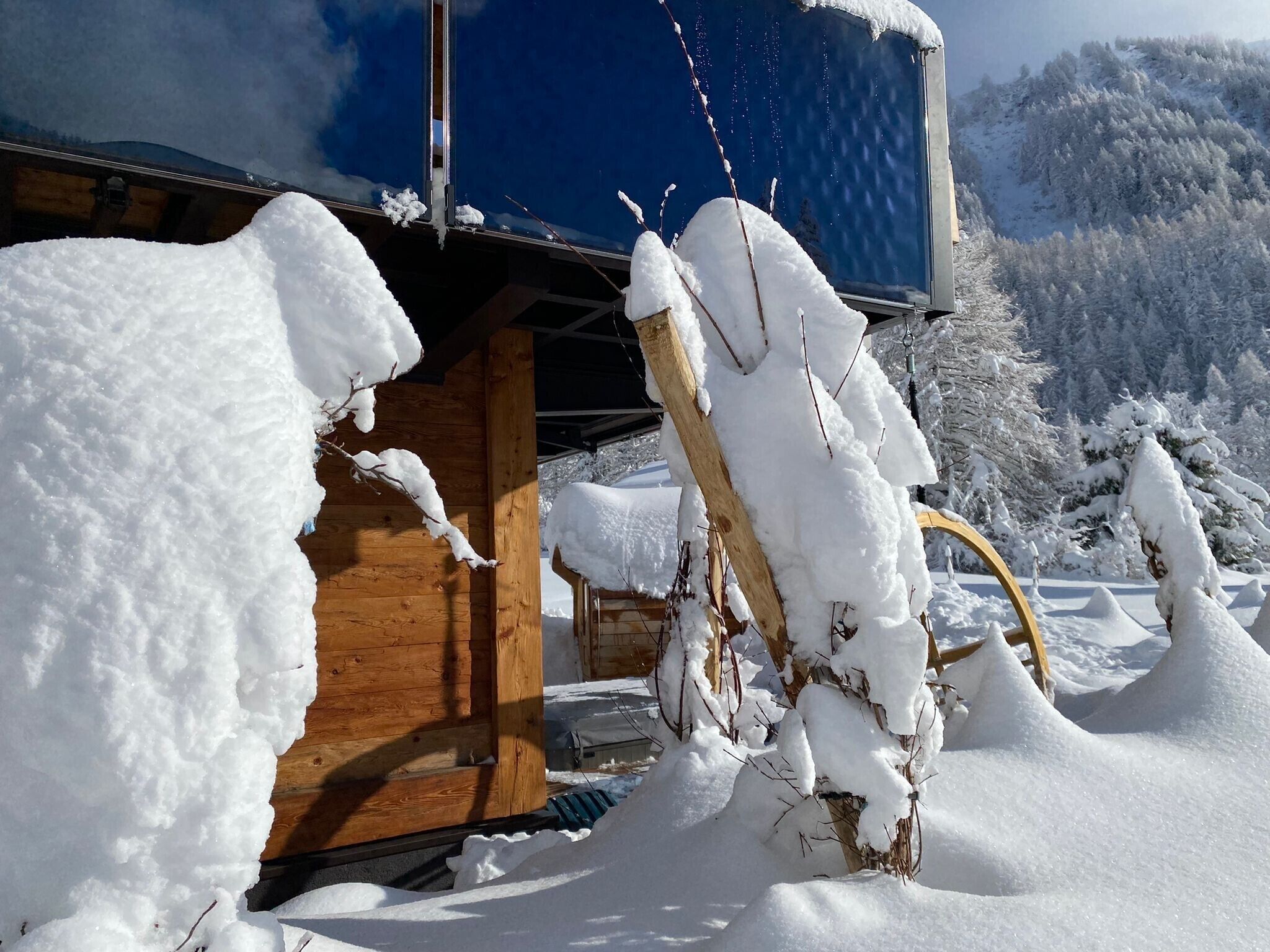 Una baita di legno con rami imbiancati dalla neve e un cielo azzurro intenso.