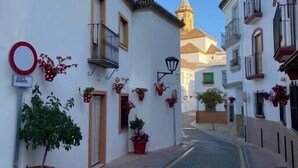 Una stretta via fiancheggiata da edifici bianchi, vasi fioriti rossi e un cielo azzurro intenso.