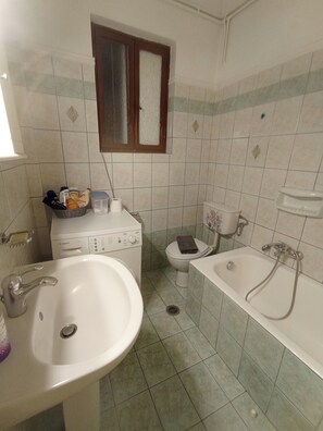 Hair dryer, towels, soap, toilet paper