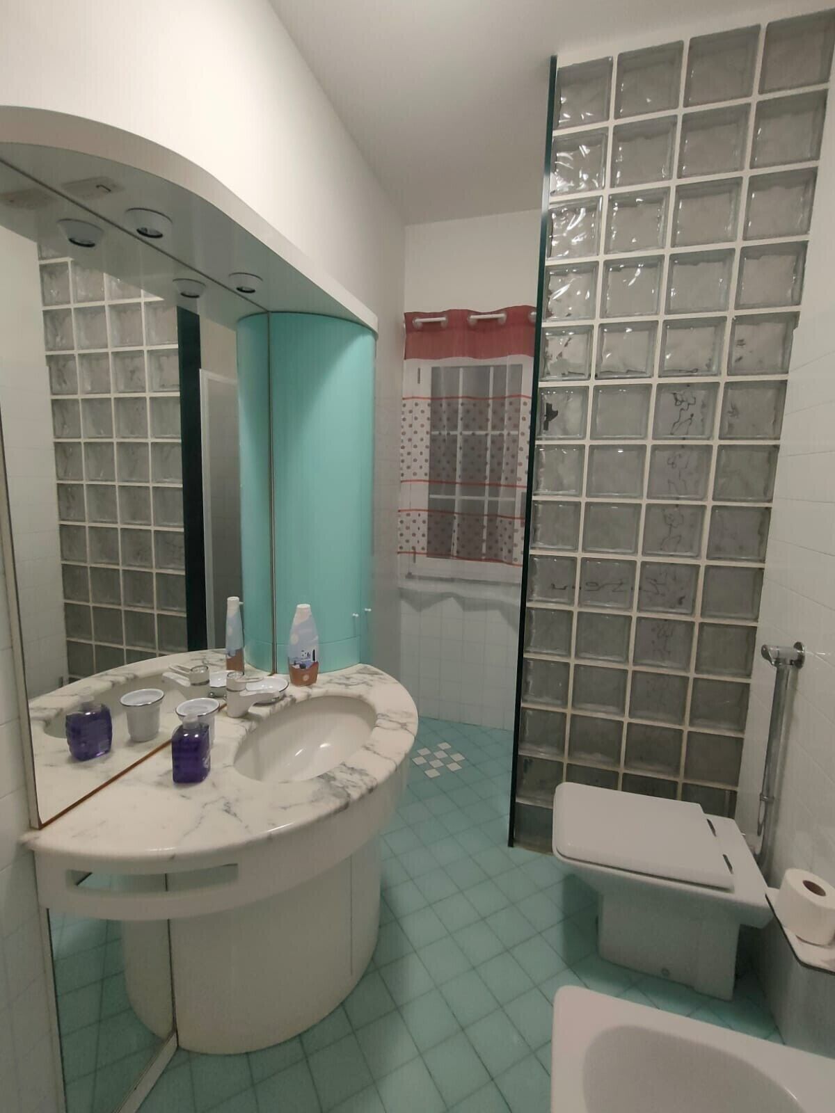 A bathroom with a marble sink, a toilet, and a shower area with frosted glass panels.