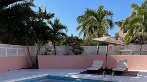 A swimming pool with two lounge chairs and a palm tree in the background.