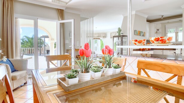Amplia sala de estar con una mesa de vidrio, sillas y plantas en macetas.