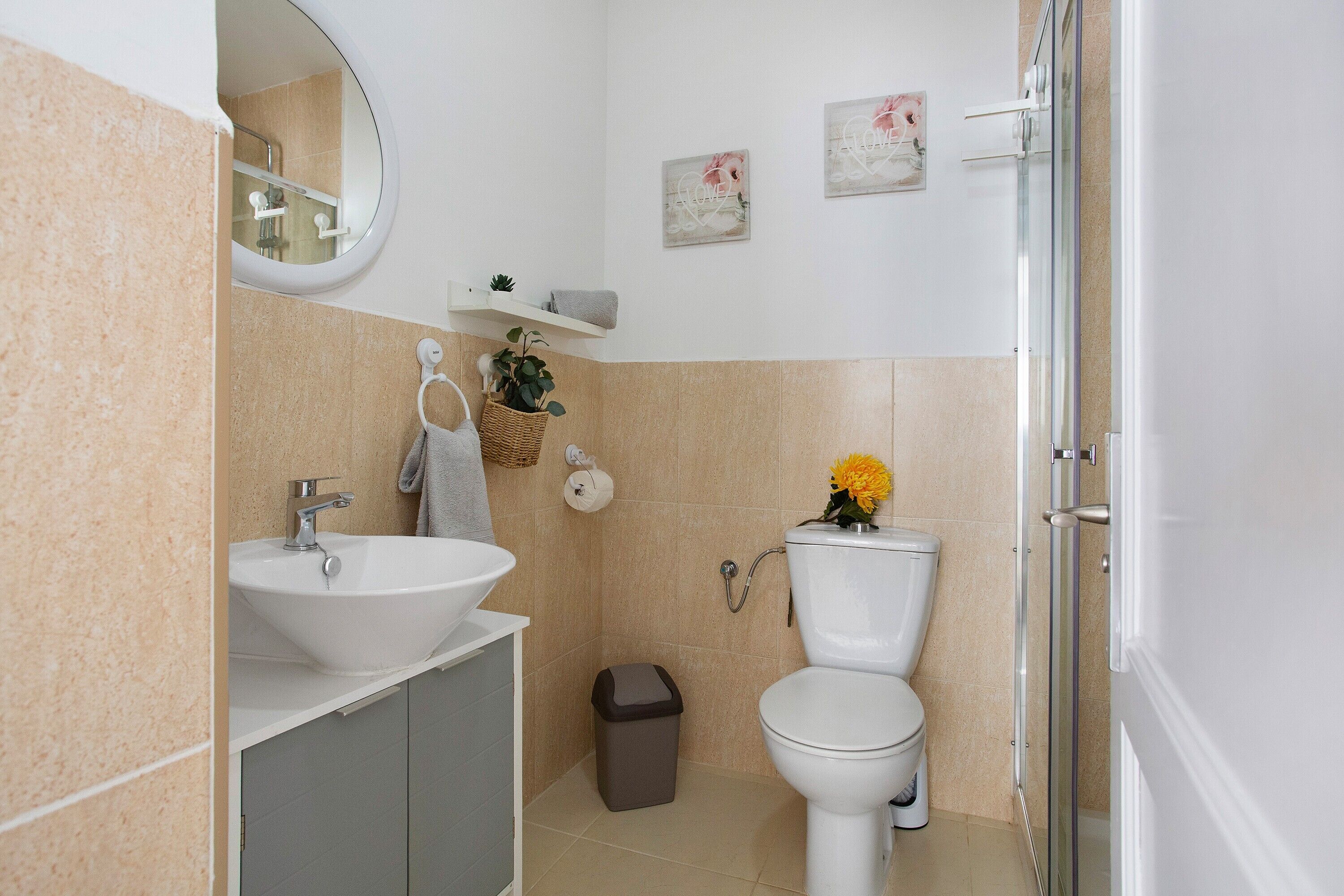 Une salle de bain avec un lavabo, des toilettes et une douche.