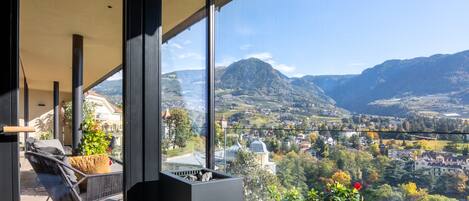 A balcony with a view of a valley and mountains, a chair, and potted plants.