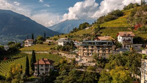 Un village perché sur une colline, avec des habitations, des vignobles et des montagnes en arrière-plan.