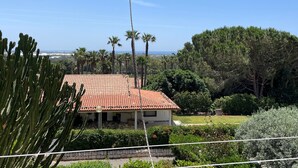 Une maison avec un toit en tuiles, entourée de cactus et de palmiers, et offrant une vue sur la mer.