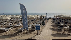 Une plage bordée de rangées de chaises longues et de parasols, avec un drapeau et un panneau indiquant une zone réservée à un groupe spécifique.