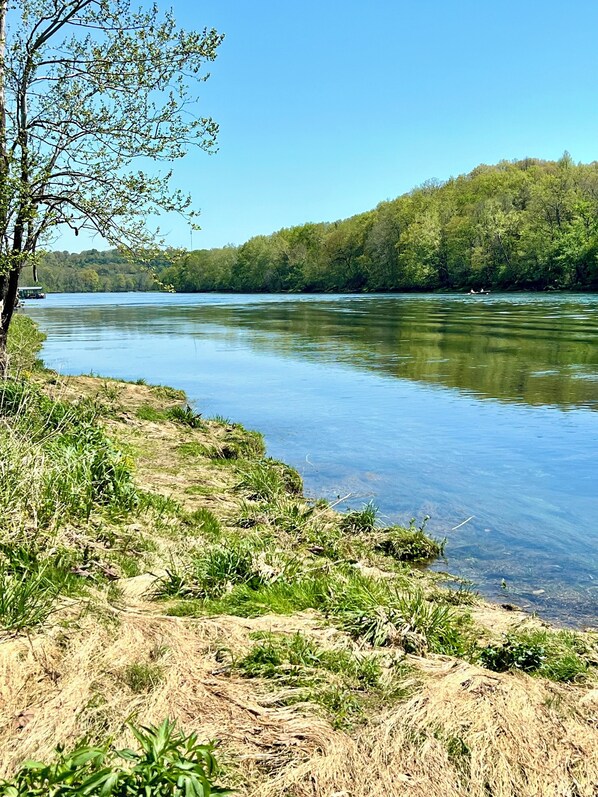 Orilla de río con bote, zonas verdes y árboles.
