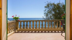 Un balcon avec vue sur la mer, une plante en pot et une chaise.