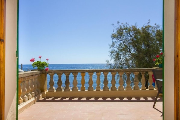 A balcony with a view of the sea, a potted plant, and a chair.