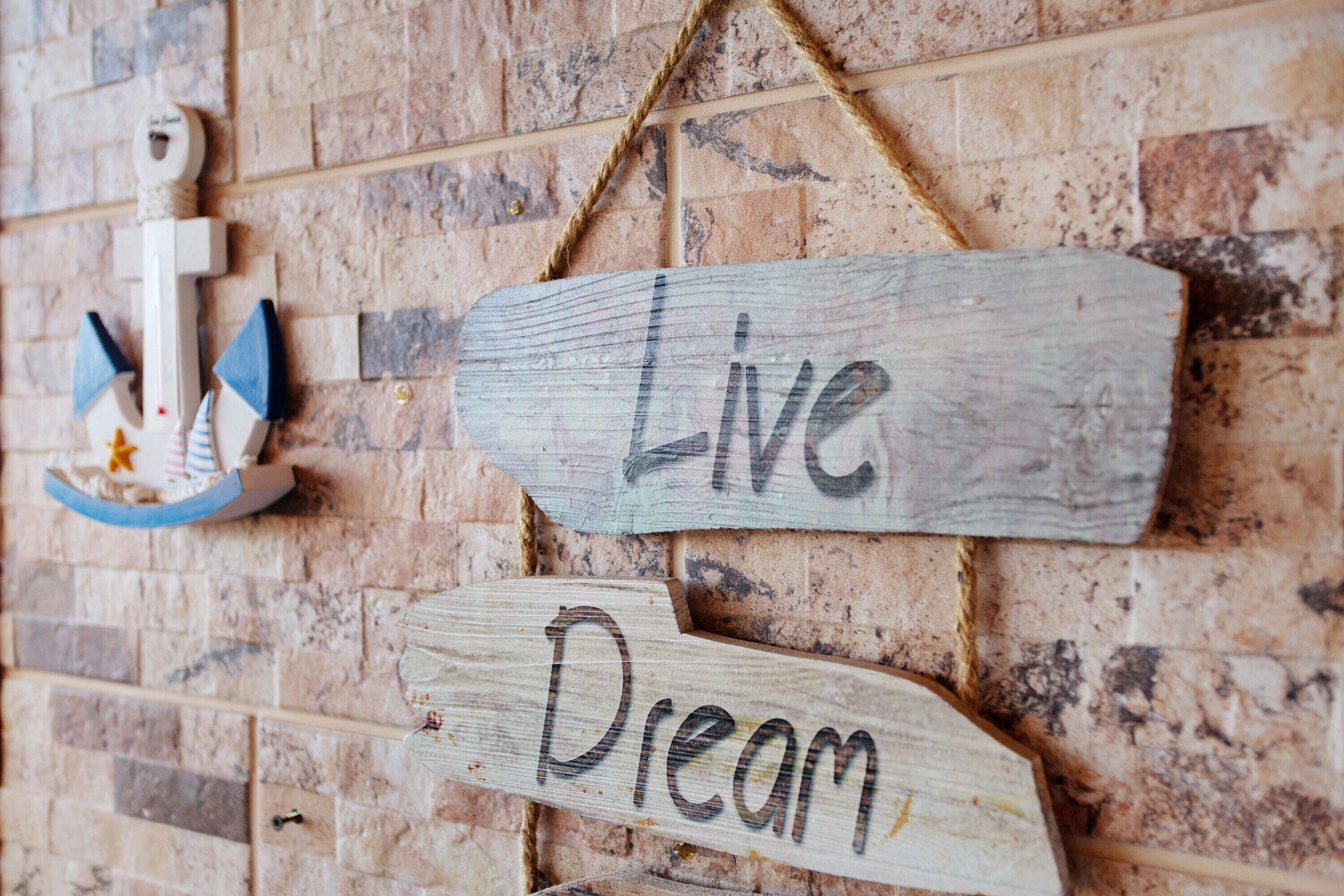 Señales de madera con las palabras 'Live' y 'Dream' sujetas a una pared de ladrillo.