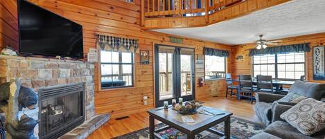 Smart TV, fireplace, books