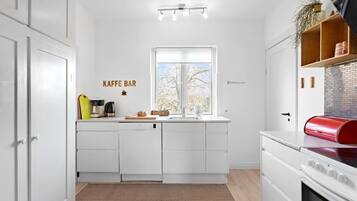 Fridge, stovetop, dishwasher, coffee/tea maker