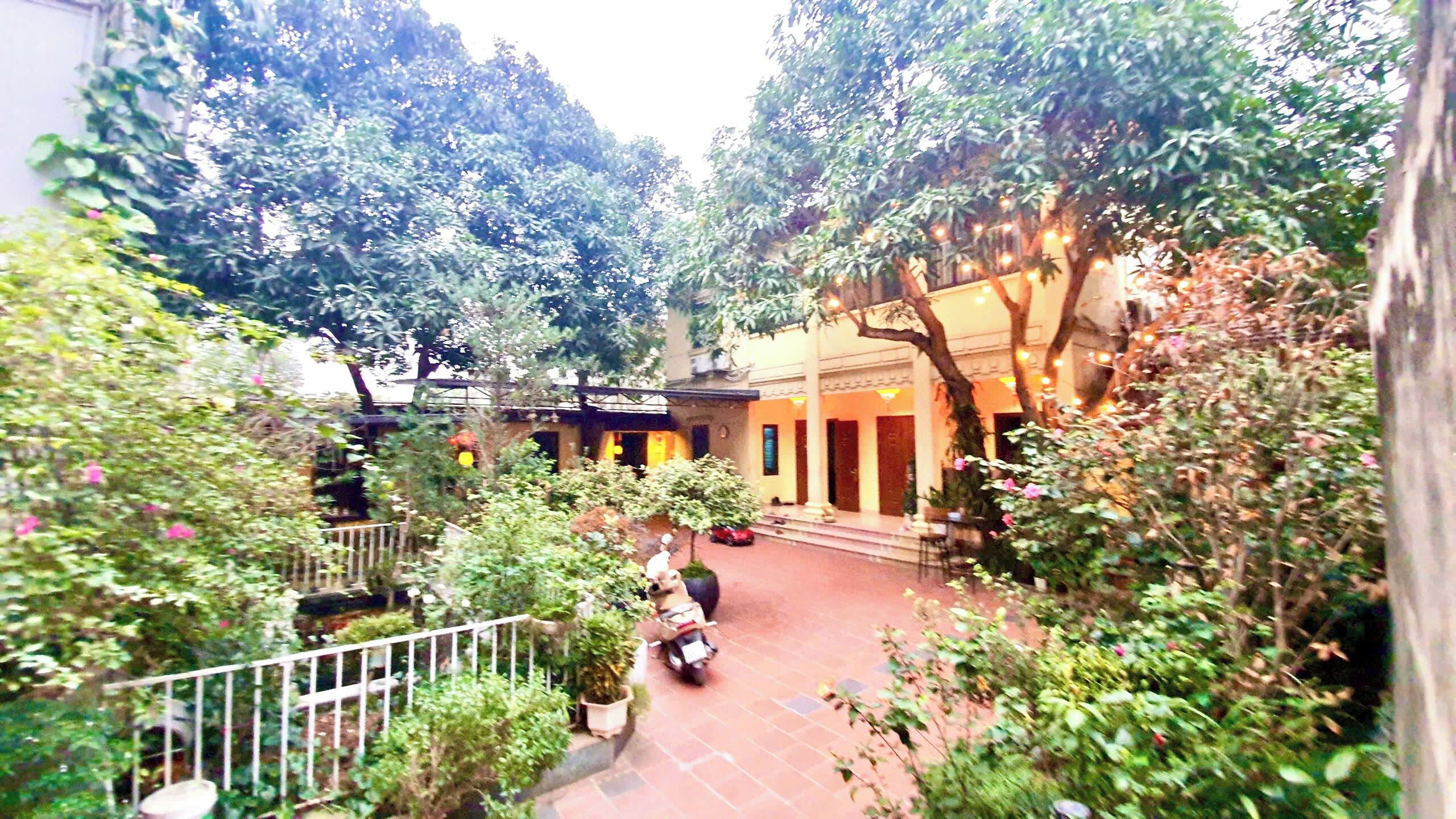 A courtyard with a scooter, potted plants, and a building with columns.